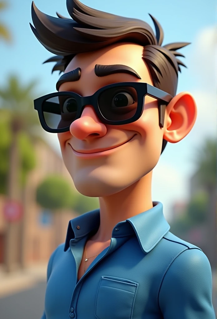 Cartoon character of a man with sunglasses and a blue shirt, animation character, stylized character, animation style rendering, 3d stylized, Arnold Maya rendering, Stylized 3D rendering, toon render screenshot, 3d character, 3d character, Stylized 3D rendering, 3D character rendering, cartoon character, Personagem de close up, character posing, (Pixar-style) (master part:1.2) (bokeh) (best qualityer) (skin detailed) (detailed texture) (8k) (Argilla) (cinematic lighting) (sharp focus