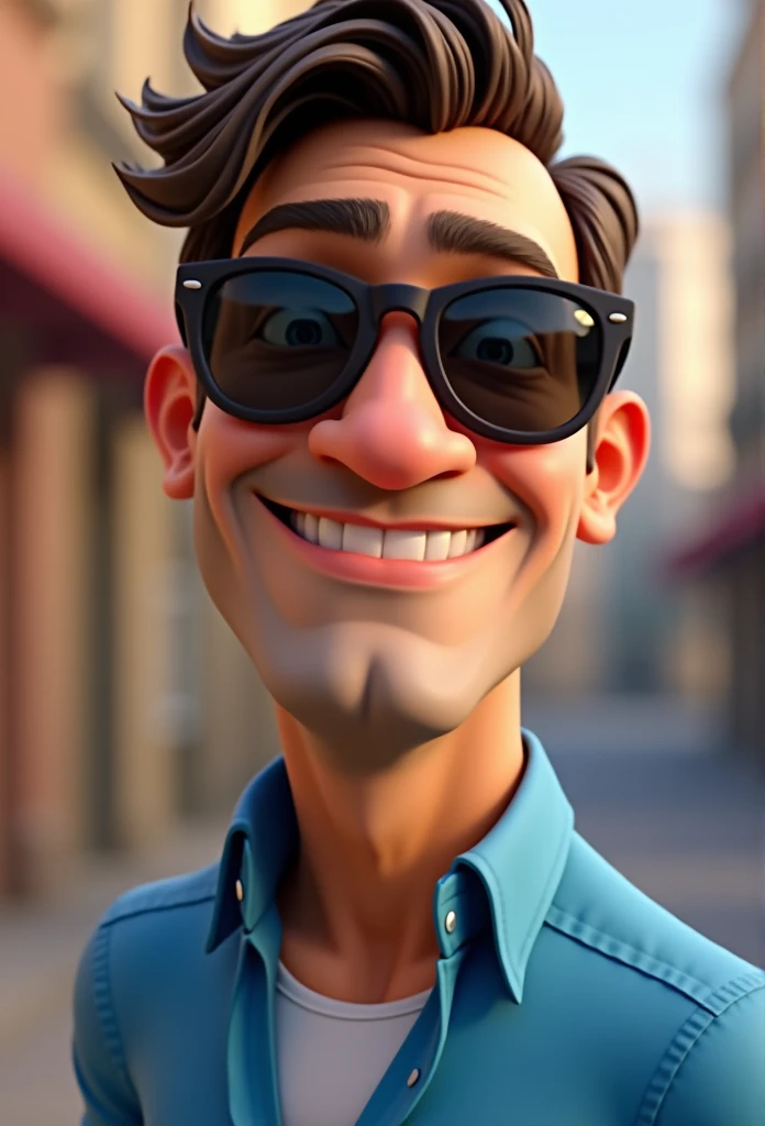 Cartoon character of a man with sunglasses and a blue shirt, animation character, stylized character, animation style rendering, 3d stylized, Arnold Maya rendering, Stylized 3D rendering, toon render screenshot, 3d character, 3d character, Stylized 3D rendering, 3D character rendering, cartoon character, Personagem de close up, character posing,  (Pixar-style) (master part:1.2) (bokeh) (best qualityer) (skin detailed) (detailed texture) (8k) (Argilla) (cinematic lighting) (sharp focus