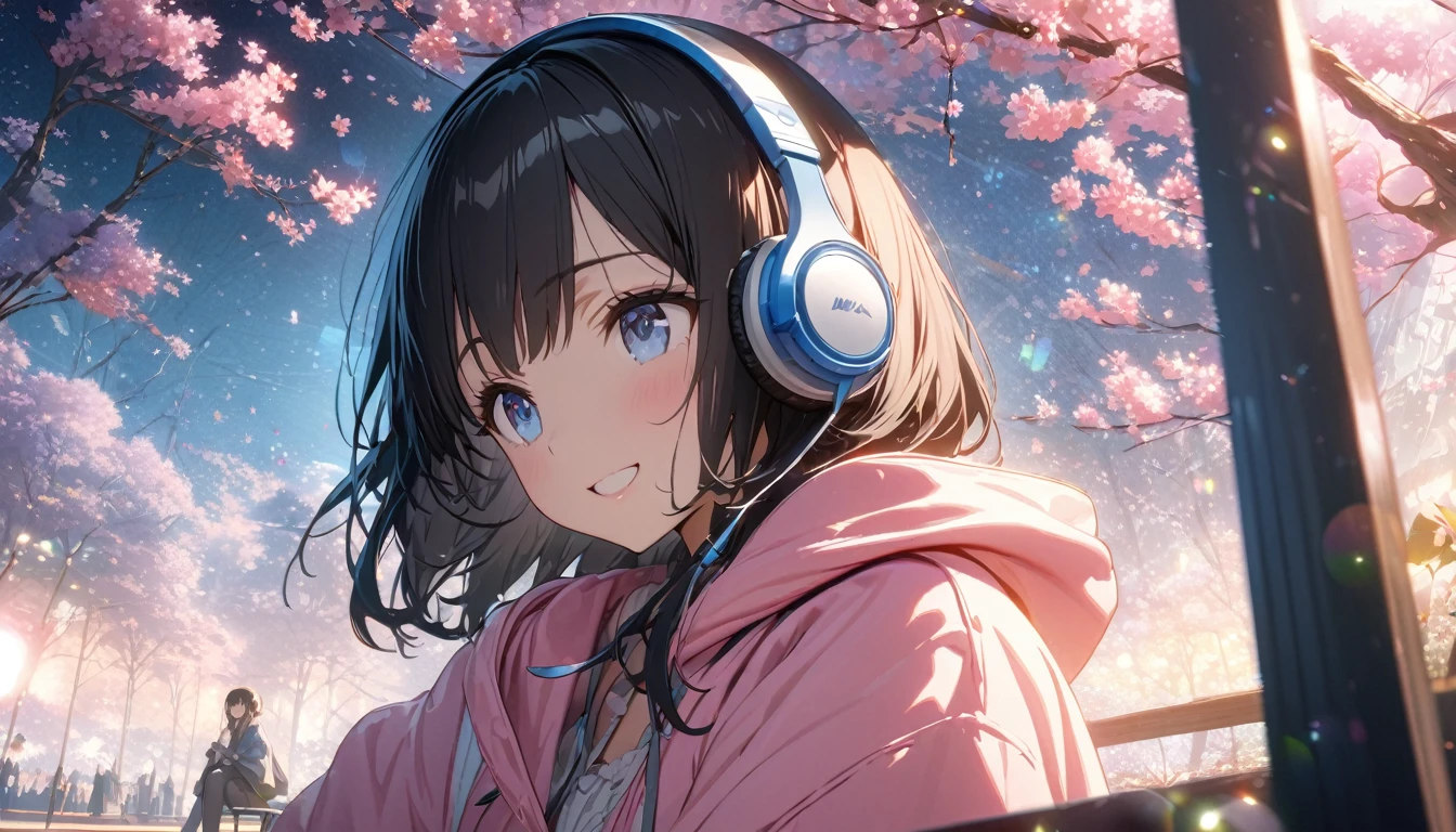 ((ultra-detailed))/(one women with short black hair and bob hair.、beautiful blue eyes,.、smile、gentle smile on her face、flat chest, one Beautiful girl,((masterpiece, illustration, best quality) ((ultra-detailed))/)Masterpiece\,wearing headphones and sitting under the japenese cherry blossom trees while wearing pink hoodie,濃い青とBeautiful Blueのグラデーション, High resolution, 8K HD detail, hyper-detail, cinematic, surrealism, soft light, deep field focus bokeh, ray tracing and surrealism. --v6'