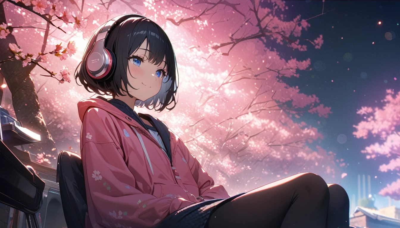 ((ultra-detailed))/(one women with short black hair and bob hair.、beautiful blue eyes,.、smile、gentle smile on her face、flat chest, one Beautiful girl,((masterpiece, illustration, best quality) ((ultra-detailed))/)Masterpiece\,wearing headphones and sitting under the japenese cherry blossom trees while wearing pink hoodie,濃い青とBeautiful Blueのグラデーション, High resolution, 8K HD detail, hyper-detail, cinematic, surrealism, soft light, deep field focus bokeh, ray tracing and surrealism. --v6'