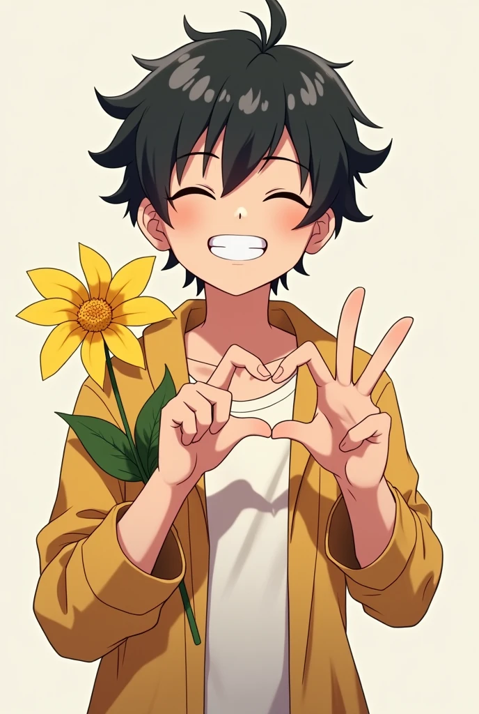Teenage boy with messy black haircut and skater style and white skin and smiling with eyes closed and offering with one hand a yellow flower and with the other hand making HALF of a heart with two fingers in anime style