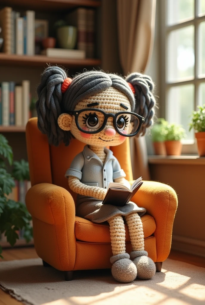Create amigurumi doll psychologist, sitting in an armchair in the office with a notebook in her hand