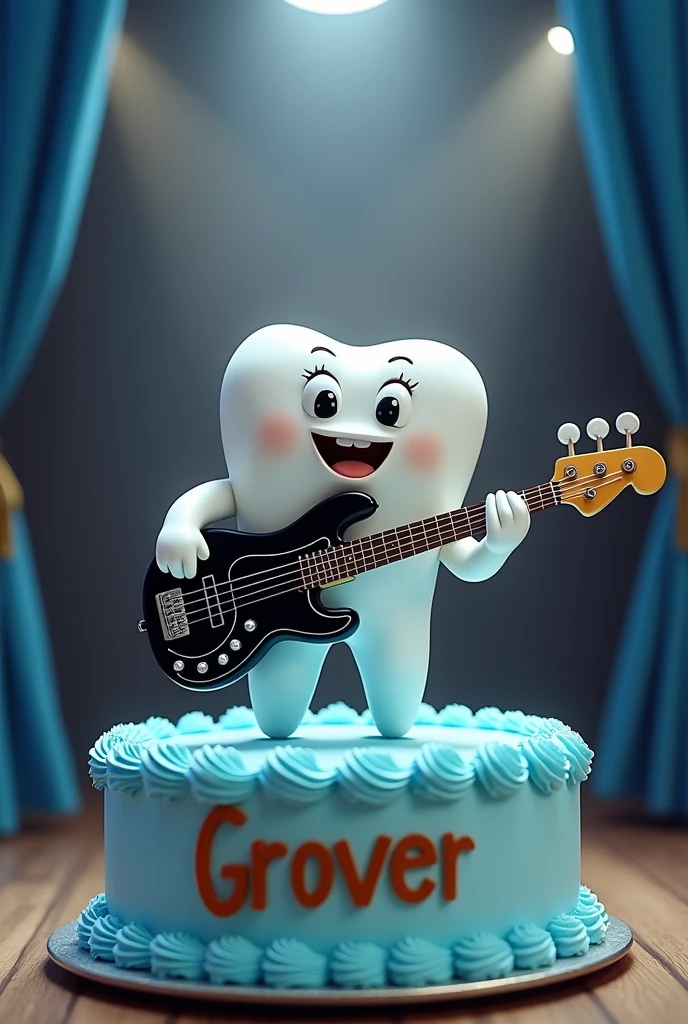 A male tooth playing a black five-string electric bass, on top of a cake with light blue cream that has the name GROVER, with a stage background