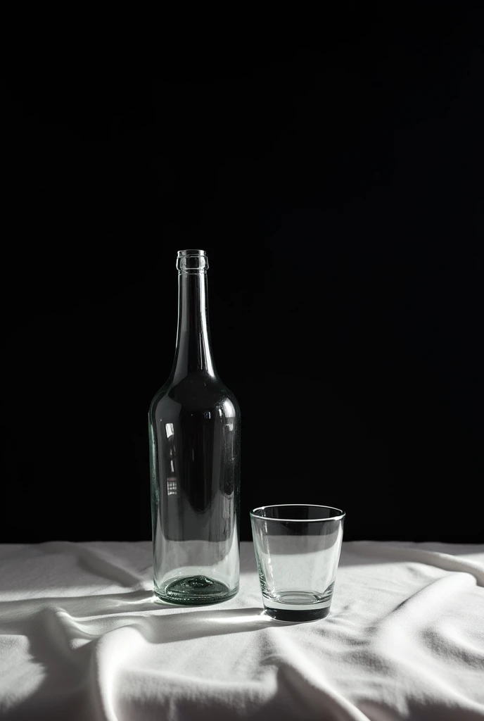 I want you to generate an image that contains a glass bottle that measures more than 20 cm and a glass cup that measures less than 15 cm.. These objects must be placed on a flat surface., which will first be covered with a white sheet or cloth as a base. then, light must be projected (It can be from a desk lamp or a cell phone) on the composition to enhance tonal variation. Posteriorly, both the base and the background will be changed to black.
First picture:
In the first composition, The bottle should be placed in an upright position and the glass should also be placed in an upright position., both on the white base and background.
then, objects must be horizontal, with the bottle and glass displayed from the front, but now on the base and the black background.