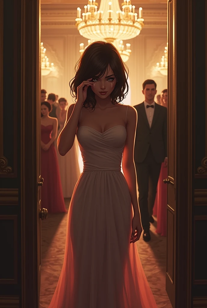 Woman wiping away tears as she walks into a ballroom full of people in ballroom attire. She has brown hair and a prom dress.. Behind the door she is leaving there is a man in a suit