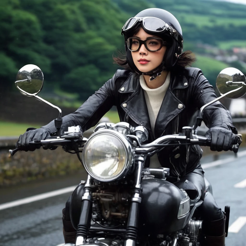 (クラシックRiding on motorcycle )、(Vintage Bikes)、Isle of Man Races、 (Riding on motorcycle:1.2), (whole body:1.2)、Beautiful young woman、1、Beautiful Face, Beautiful and delicate eyes, Black Hair, Short Bob Hair, Classic Leather Jacket、Cromwell helmet with goggles、After the Rain、English countryside、 Detailed Description、(Highest quality, masterpiece, High resolution)、8k、wallpaper