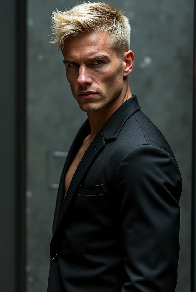 fot, masculine perfection, strong chin, fleshy lips, roman nose, short blonde hair, hazel eyes, hyperrealisti, 8k-v4 . Modern fashion haute couture futuristic fashion. Modern black clothing