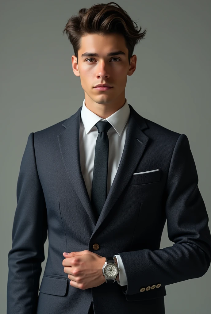 An ultra mega realistic businessman, realistic skin and hair texture, very realistic, with suit, Youngh, extremely lifelike, to put on your insta profile, no face showing, overlooking the suit and his luxury watch