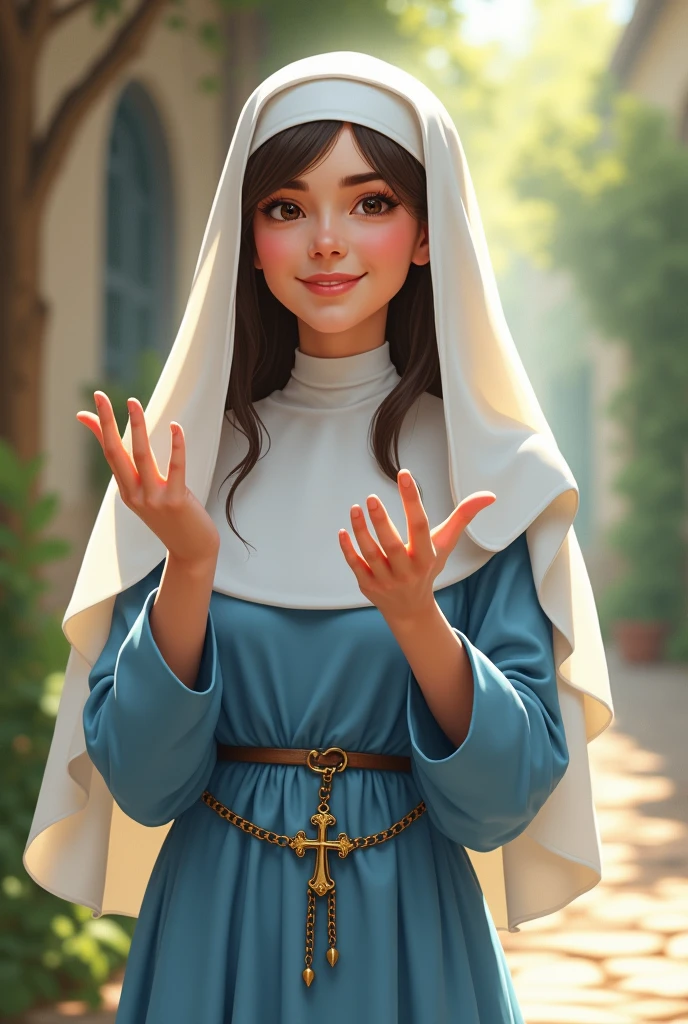A young brunette nun with a white veil, I wear a sky blue dress, with cross necklace, rosary at the waist, calling with the hand, with a very beautiful smile