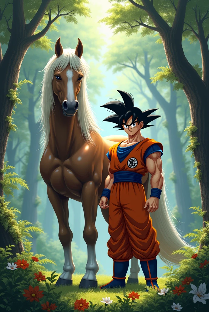 I want Goku with a horse forest background