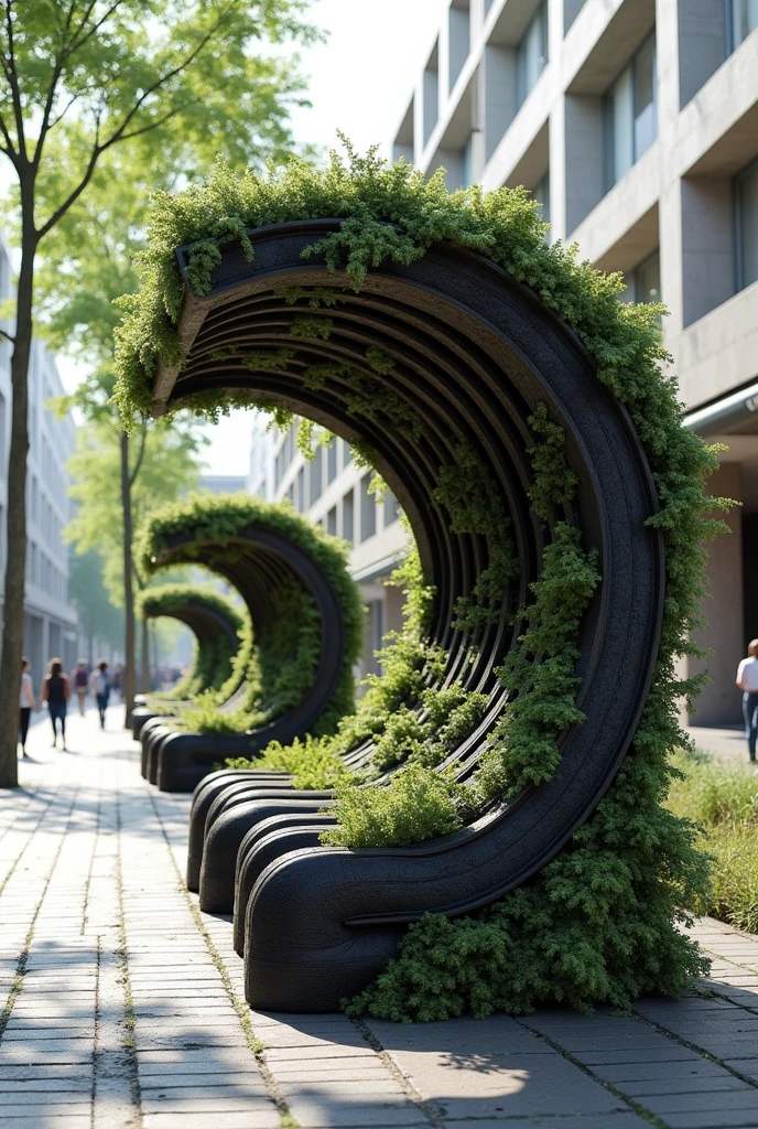 suggest me some ideas for designing public benches with car tires with sun and rain shelter (either too ecological)
