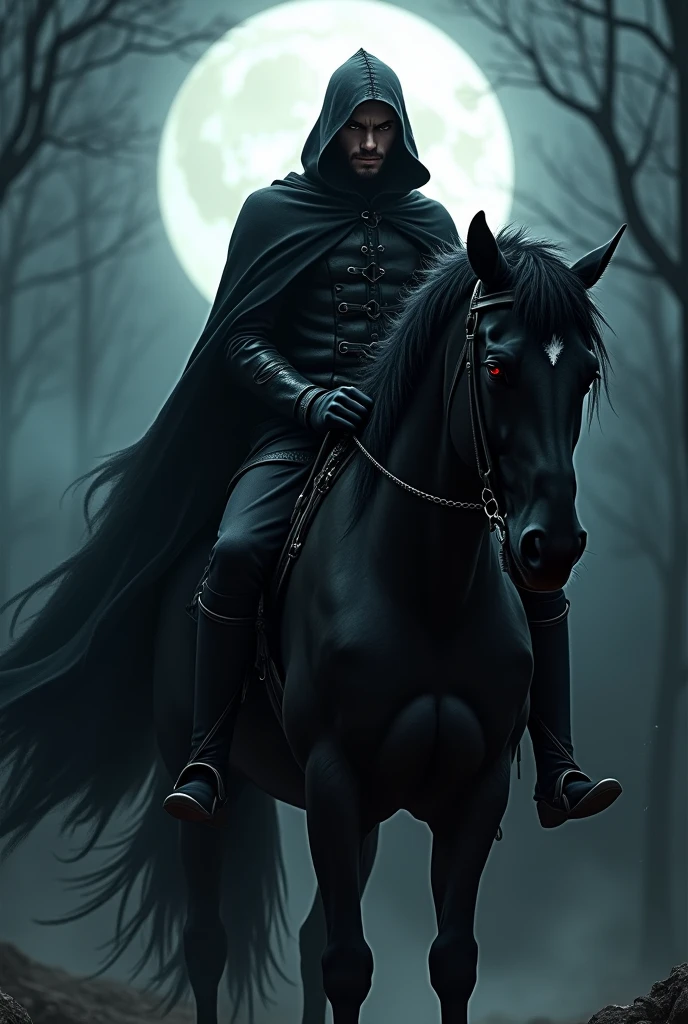 Hot man black hair evil looking red beautiful eyes on a black horse wearing a hood at night with the moonlight
