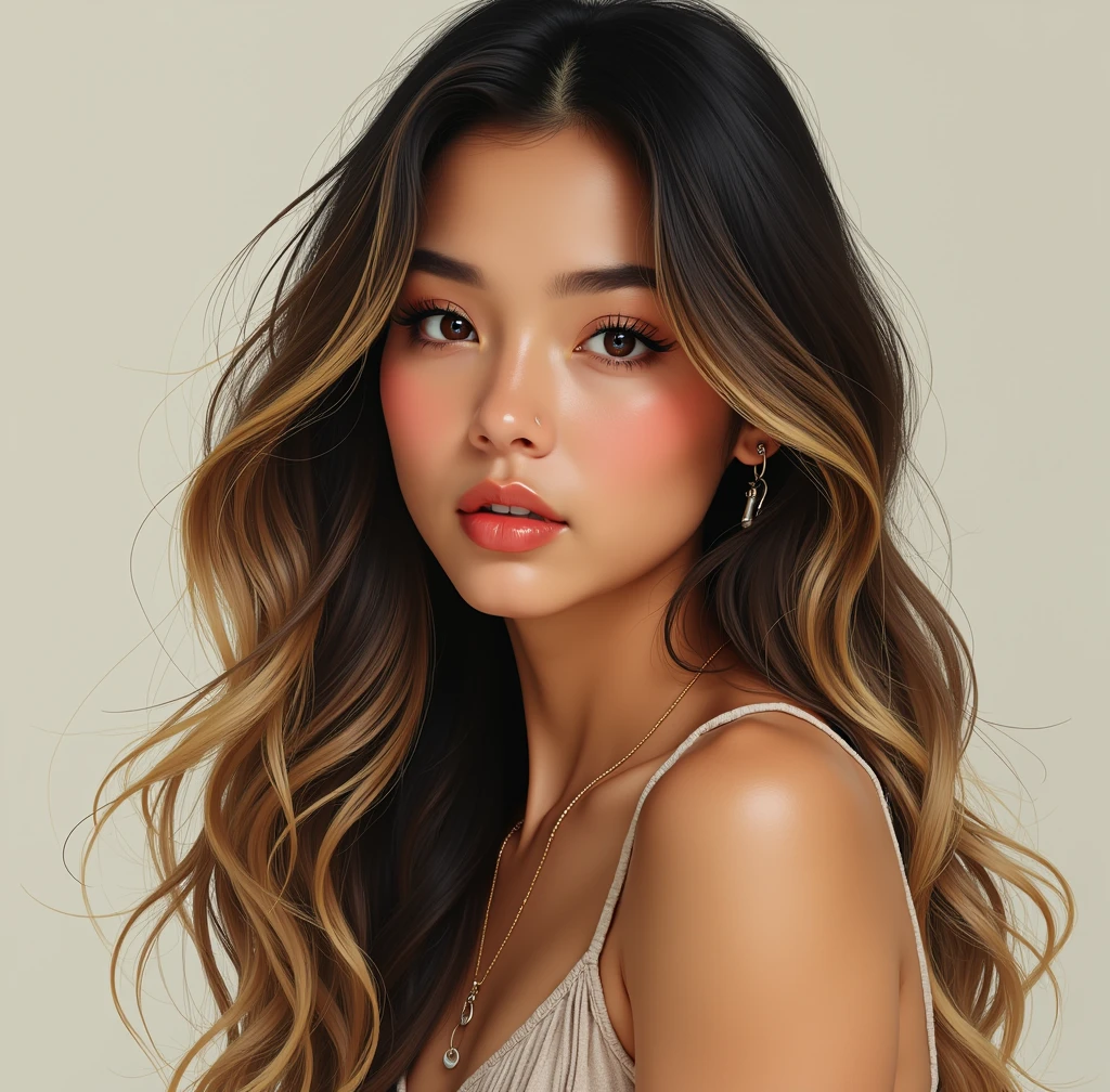 into the image, we see a woman of Vietnamese and American descent, with tanned skin, typical vietnamese. Her face is round and delicate, with a small, slightly rounded nose, that famous one "potato nose" that brings a sweetness to your look. His eyes are pulled, almond-shaped, which reflects its Asian roots. She has a serious look, almost thoughtful, which matches the casual pose he is in.
Her hair is long, smooth ass, but with soft waves, não é aquele smooth ass chapado. It's blond, but clearly dyed, with the darker roots contrasting with the warm blonde that dominates the rest of the strands. Waves in hair give a natural movement, which further enhances the contrast between the roots and lighter ends.
She is wearing a jacket, that you asked to replace with the blouse that was in the previous image. The jacket adds a stylish yet casual touch to her look., matching the stripped-down setting of the original image. The pose and framing of the image follow the same pattern as the drawing you submitted., with her slightly leaning forward, looking directly at the camera, with a strong and expressive countenance.
