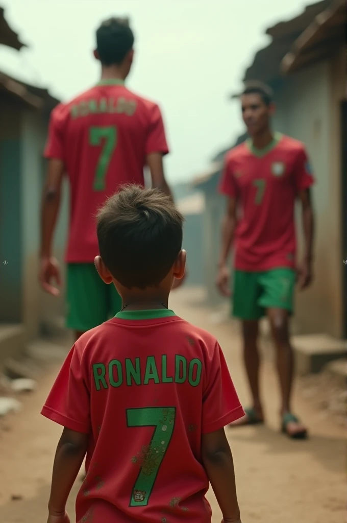 Create an image of a child from a poor background watching Cristiano Ronaldo doing siiiiuu with the Portugal shirt with the number 7