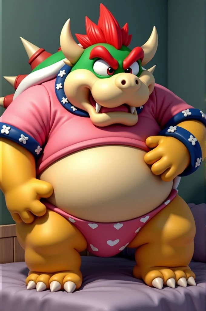 Bowser from Super Mario, Extremely obese, chubby, double chin, embarrassed, huge round belly, big moobs, heart underpants, pink tight short sleeves t-shirt, laying on a bed, one hand on the belly