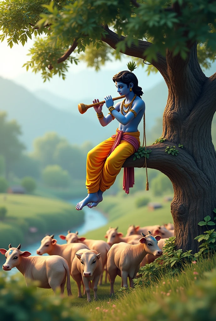 Kasam ke Dali per Baithe Hue Krishna bhagwan Jo Bansuri Baja rahe hain aur gai hai chharara 3D image folding