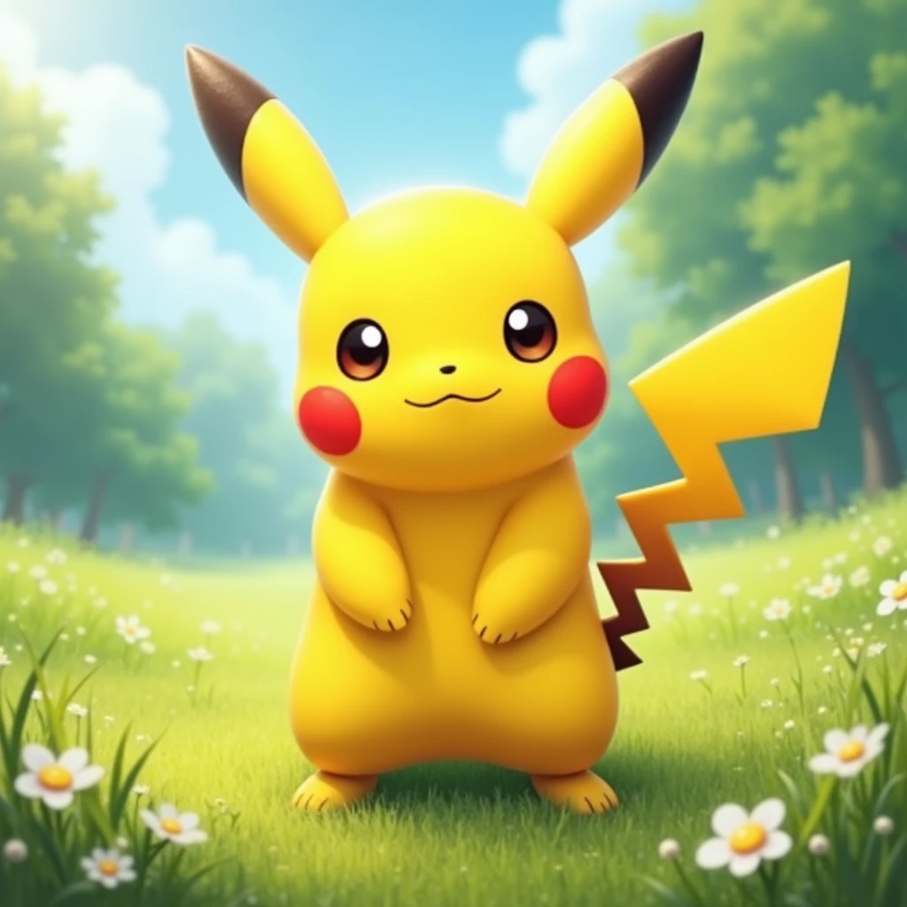 "A classic Pikachu standing on a grassy field under a clear blue sky. Pikachu's bright yellow fur is soft and fluffy, with its red cheeks glowing slightly as it gathers electric energy. Its large, expressive eyes are full of curiosity and excitement. Pikachu's lightning bolt-shaped tail is held high, and its ears are perked up, alert and playful. The background shows a peaceful, sunlit meadow with scattered wildflowers and a gentle breeze rustling through the grass."