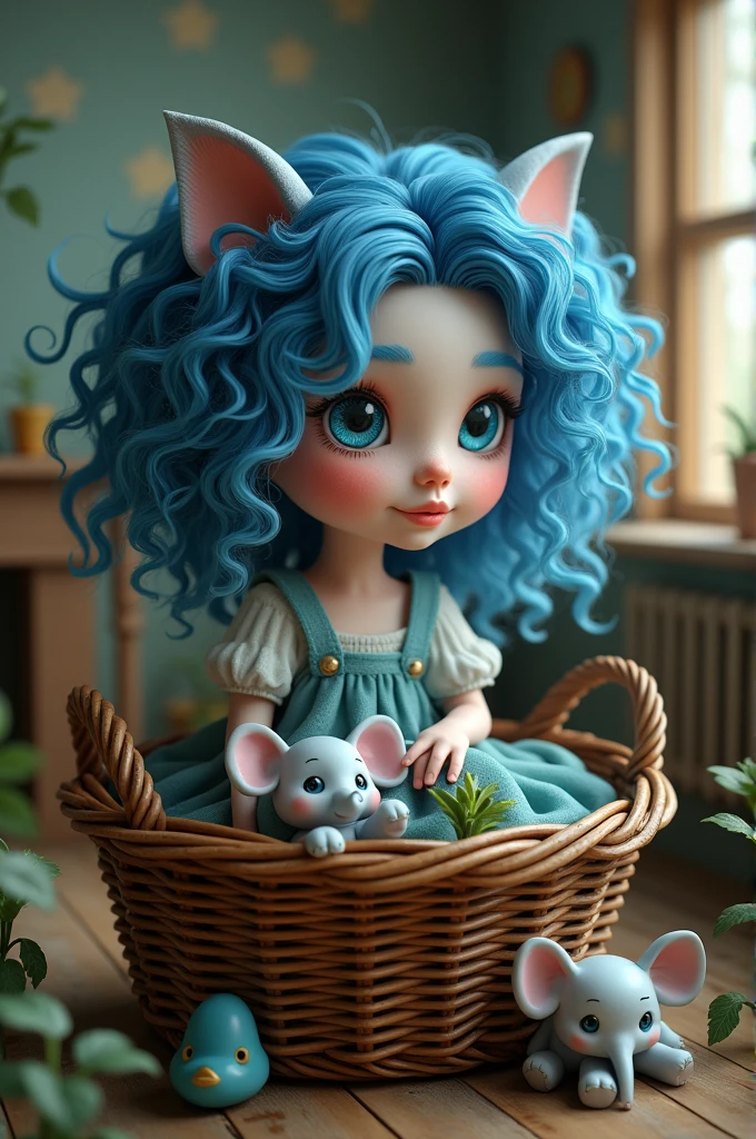 Curly blue haired woman
with blue eyes
Inside an old basket
There is a cute little elephant
Inside a very dreamy house
Style 3D