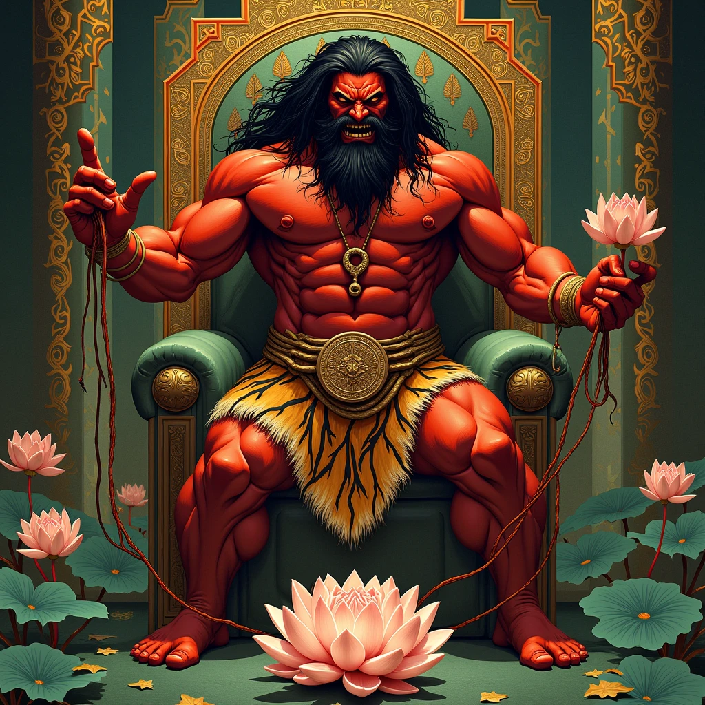 wrathful man, muscular build, scarlet red skin, angry face, black long hair and beard, tigerskin kilt, standing menacingly over throne. holding an lasso and lotus flower. alphonse mucha art nouveau style