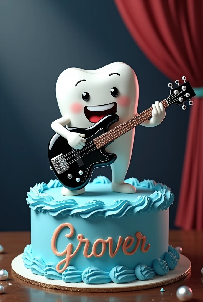 A male tooth playing a black five-string electric bass, on top of a cake with light blue cream that has the name GROVER, with a stage background