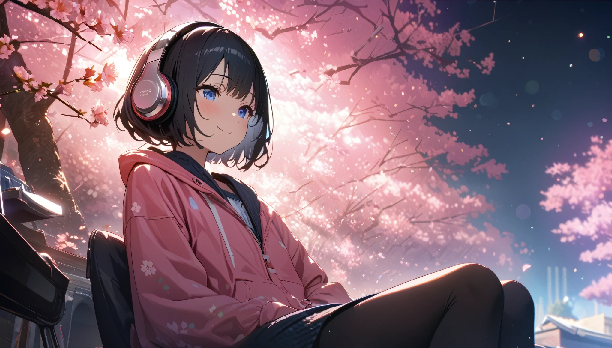 ((ultra-detailed))/(one women with short black hair and bob hair.、beautiful blue eyes,.、smile、gentle smile on her face、flat chest, one Beautiful girl,((masterpiece, illustration, best quality) ((ultra-detailed))/)Masterpiece\,wearing headphones and sitting under the japenese cherry blossom trees while wearing pink hoodie,濃い青とBeautiful Blueのグラデーション, High resolution, 8K HD detail, hyper-detail, cinematic, surrealism, soft light, deep field focus bokeh, ray tracing and surrealism. --v6'