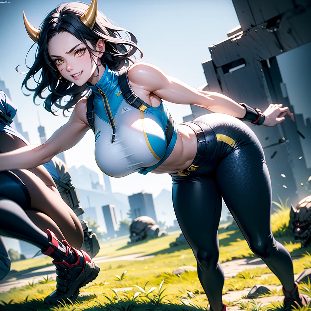 ((best quality)), (detailed), 1 brutal women, 8k_wallpaper, extremely detailed eyes, (large masterpiece digital art), (intricate details:1.3 ), (ultra-detailed:1.3), (sharp focus:1.3), (natural lighting:1.05), (vivid colors:1.3), (best quality:1.4), expressive eyes, full body, detailed face, beautiful face, perfect face, ((hair black curls)), ((blue horns)), (gold eyes), {{dark skin}}, ({dark skinned female}), (big breasts), huge chest, big wide ass, powerful relief muscles of the abdomen and legs, powerful strong muscles of the arms, a predatory look and a smile with fangs, an open white coat with a fur collar and rolled up sleeves, heavy steel cyberpunk armor, a transparent blue crop top through the fabric of which the clear outlines of large pointed nipples with large openings of the mammary glands are visible, wide khaki military pants, a yellow belt , a military walkie-talkie on her belt, a large hiking backpack, she walks across a wide lilac field on another planet against the backdrop of an indigo forest and high mountains, style cyberpunk and dark fantasy,
