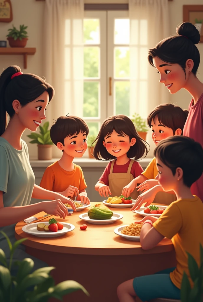 People preparing food and serving children