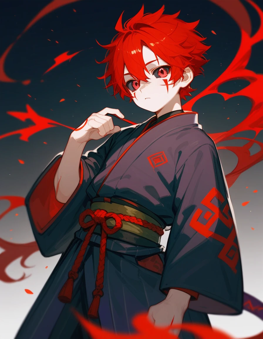 young man with red hair, red and black, with veins marked with black sclera and a purple pupil, full of marks on his body a kimono and kny demon hunter clothes