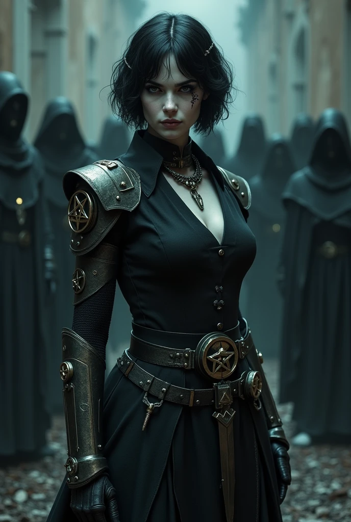 A pale girl with short black hair, From the Middle Ages, realisitic, arcane style, in dark alchemist clothes with a steampunk prosthetic left arm with a pentagram, cut on the face, Dagger at the waist, with a religious group behind, the night, tenebrosa.