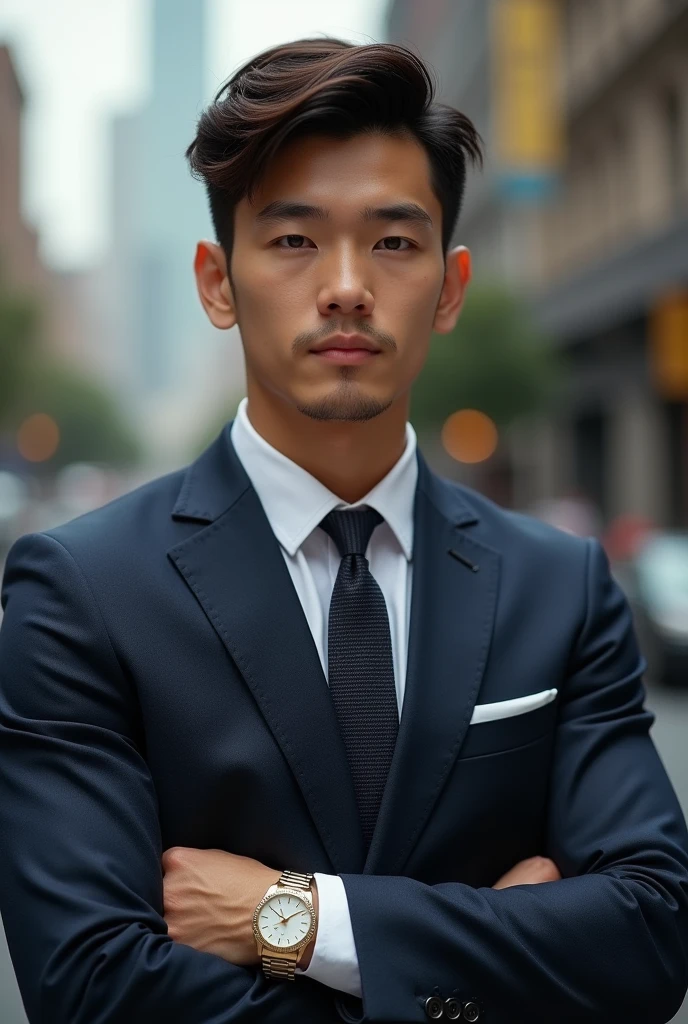 An ultra mega realistic businessman, realistic skin and hair texture, very realistic, with suit, Youngh, extremely lifelike, to put on your insta profile, no face showing, overlooking the suit and his luxury watch, with the background showing a blurred city