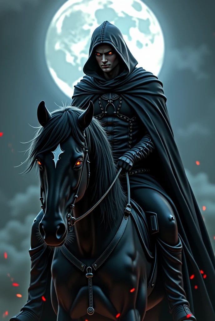 Hot man black hair evil looking red beautiful eyes on a black horse wearing a hood at night with the moonlight 