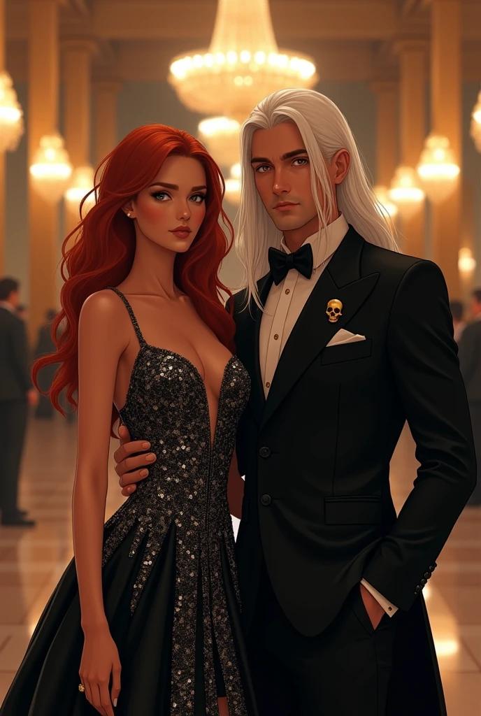 A couple is attending a lavish gala in a grand, opulent mansion. The woman is a young lady with peach skin and long, wavy red hair. She is wearing a striking black and silver evening gown adorned, exuding elegance and confidence. Beside her stands a handsome man with long white hair, dressed in an all-black mandarin suit, exuding elegance and a mysterious aura. An small golden skull is pinned to his lapel. The atmosphere is luxurious, with chandeliers casting a warm glow over the scene. (Digital art)