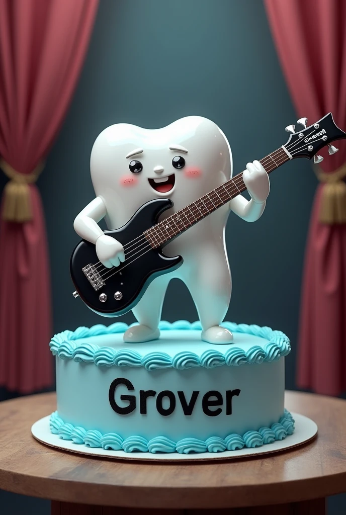 A male tooth playing a black five-string electric bass, on top of a cake with light blue cream that has the name GROVER, with a stage background