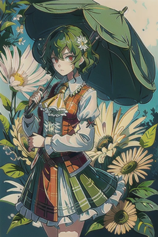 masterpiece, Highest quality, One girl,Green Hair,Ascot, 風見優flower, umbrella,hair flower, flower