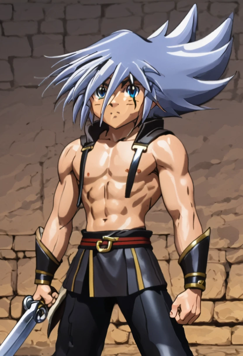 young,, Cat ear, (12, sweating), Trained abdominal muscles, Chiseled pectoral muscles, 真swordな表情, ((3D anime art style)), sword, Combat Stance, Leather Strap, Leather Armor,juvenile,Huge muscles,Huge penis