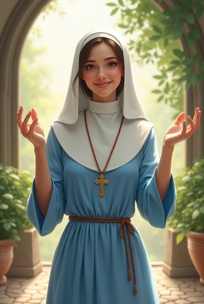 A young brunette nun with a white veil, I wear a sky blue dress, with cross necklace, rosary at the waist, calling with the hand, with a very beautiful smile