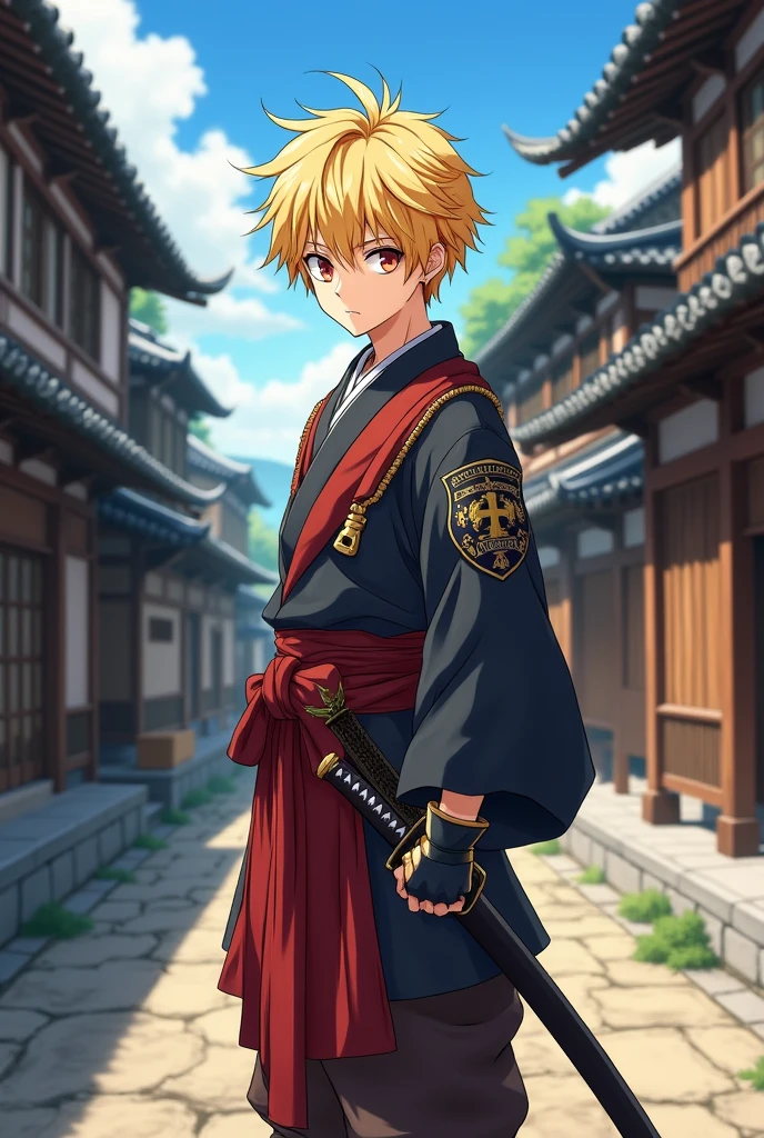  anime boy with blond hair in a old samouraï street