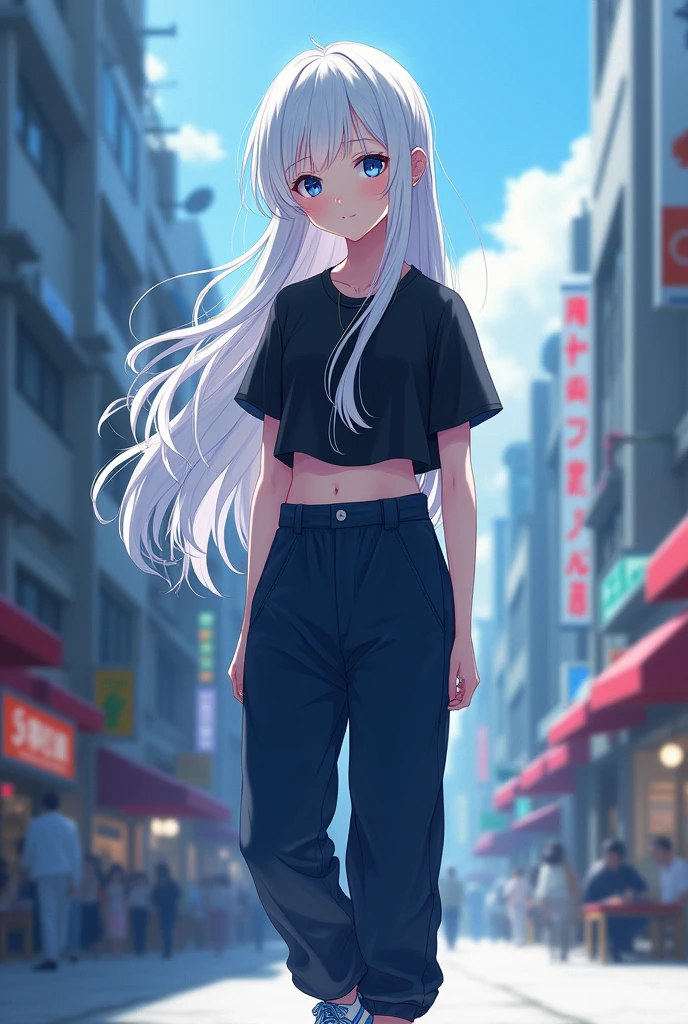 A girl with long white hair anime, dark blue eyes, dark blue baggy pants, short black blouse, white and blue sneakers, thin, in a city center 