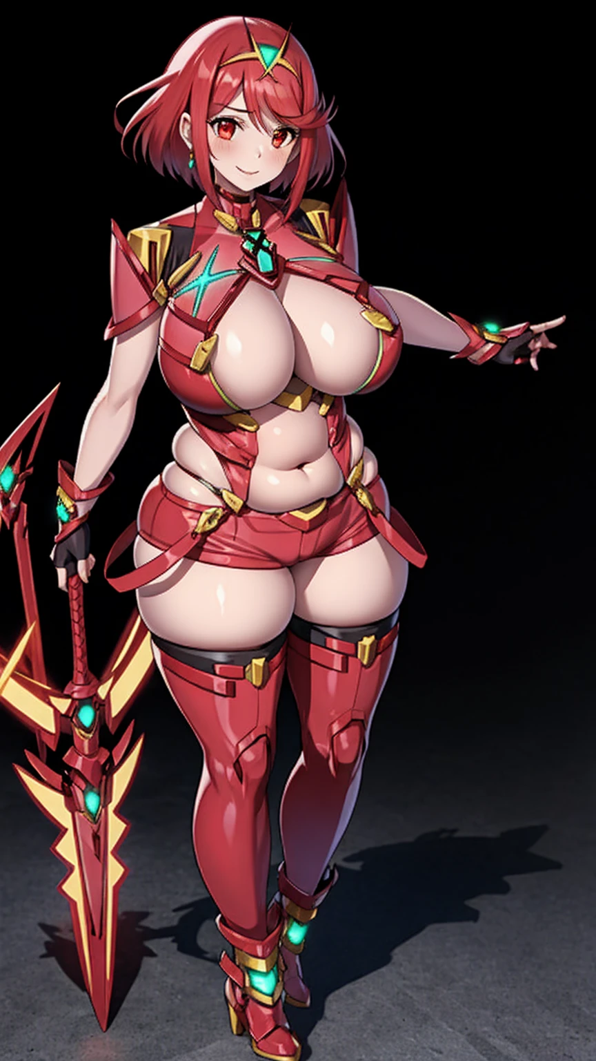 pyra \(xenoblade\), young__1girl, armor, bangs, black gloves, breasts, red eyes, closed mouth, earrings, eyelashes, fingerless gloves, floating hair, framed breasts, gem, gloves, hair ornament, headpiece, jewelry, big_breasts, leaning back, leotard, neon trim, official art, pose, red hair, red shorts, saitou masatsugu, short hair, short shorts, short sleeves, shorts, sidelocks, skin tight, solo, standing, swept bangs, thighhighs, tiara, night_prairie_background, turtleneck, underbust, vambraces, xenoblade chronicles \(series\), (xenoblade chronicles 2), apart_legs, fire_effect,dynamic_pose_fighting,light_smile, (plump:1.1), big_ass,huge_sword, hold_large_sword_hilt, solo, covered_nipples, covered_pussy,