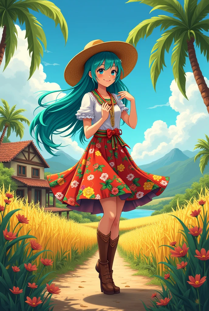 Miku as a Brazilian country woman, vibrant and colorful traditional attire, adorned with floral patterns and bright hues, wide-brimmed straw hat resting upon flowing turquoise hair, juxtaposed with earthy brown boots, picturesque Brazilian countryside background, lush greenery and tropical flora, golden fields of sugarcane swaying gently in the warm breeze, cheerful expression reflecting enthusiasm and joy, seasonal flowers blooming abundantly around her, vibrant samba elements interwoven in fashion and accessories, lively and energetic pose capturing her spirit, distant mountains adding depth to the horizon, inviting rural cottage nestled between towering palm trees, clear blue sky dotted with fluffy white clouds, mood filled with warmth and harmony, harmonious composition blending Miku's anime characteristics with Brazilian cultural aesthetics, intricate detailing of tropical plants, soft sunlight filtering through leaves casting playful shadows, artistic flair inspired by the joy and vibrancy of Brazilian folklore, bold yet delicate color palette showcasing bright greens, warm earth tones, brilliant blues and inviting yellows, art style combining contemporary anime elements with rich traditional South American influences
