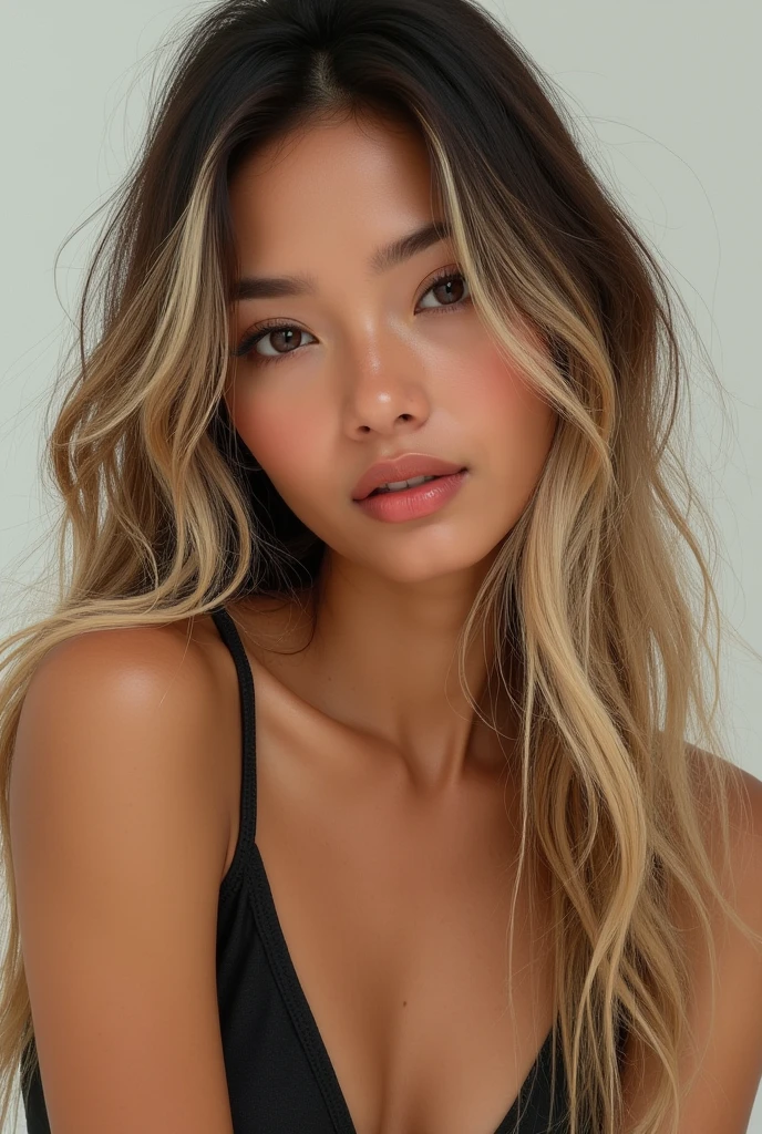 into the image, we see a woman of Vietnamese and American descent, with tanned skin, typical vietnamese. Her face is round and delicate, with a small, slightly rounded nose, that famous one "potato nose" that brings a sweetness to your look. His eyes are pulled, almond-shaped, which reflects its Asian roots. She has a serious look, almost thoughtful, which matches the casual pose he is in.
Her hair is long, smooth ass, but with soft waves, não é aquele smooth ass chapado. It's blond, but clearly dyed, with the darker roots contrasting with the warm blonde that dominates the rest of the strands. Waves in hair give a natural movement, which further enhances the contrast between the roots and lighter ends.
She is wearing a jacket, that you asked to replace with the blouse that was in the previous image. The jacket adds a stylish yet casual touch to her look., matching the stripped-down setting of the original image. The pose and framing of the image follow the same pattern as the drawing you submitted., with her slightly leaning forward, looking directly at the camera, with a strong and expressive countenance.