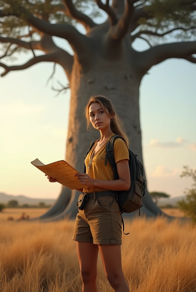 I will create the image of a young adventurer in the African savannah, with practical explorer clothing, including an adventurer top and a short utility skirt. She'll be standing, fearless, in front of a majestic baobab, holding an old map, with a stunning backdrop.