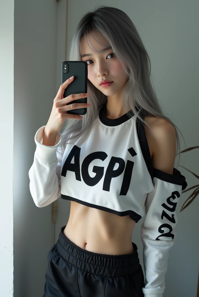 highly detailed, beautiful, hyper Realistic girl, masterpiece, best quality, Depict a mysterious and sophisticated beautiful Japanese gravure model,, 28-years-old, identity hidden, all body shot, / gray arranged hair, small head, Detailed face, cute and Pretty slim face, wide Duck mouth, perfect beautiful Tooth, arranged gray hair, shiny eyes, blue-colored eyes, Realistic skin, Detailed face, / detailed clothes, A sporty and modern outfit featuring a cropped top with a black bold logo "AGPI", designed to accentuate the body’s contours. The top is paired with a breathable (Rough mesh) overlay that adds a stylish, athletic vibe. The cropped length of both tops creates a layered look. Completing the outfit is an oversized MOUNTAIN Parker that provides a cool, balancing the overall appearance and enhancing the active, urban aesthetic.,  //// simple white single room, gray frame mirror, complicated background /// takes a selfie in her room using a smartphone in front of a mirror with one hand, standing and fashion model Posing, all body below shot, looking away from the camera,
