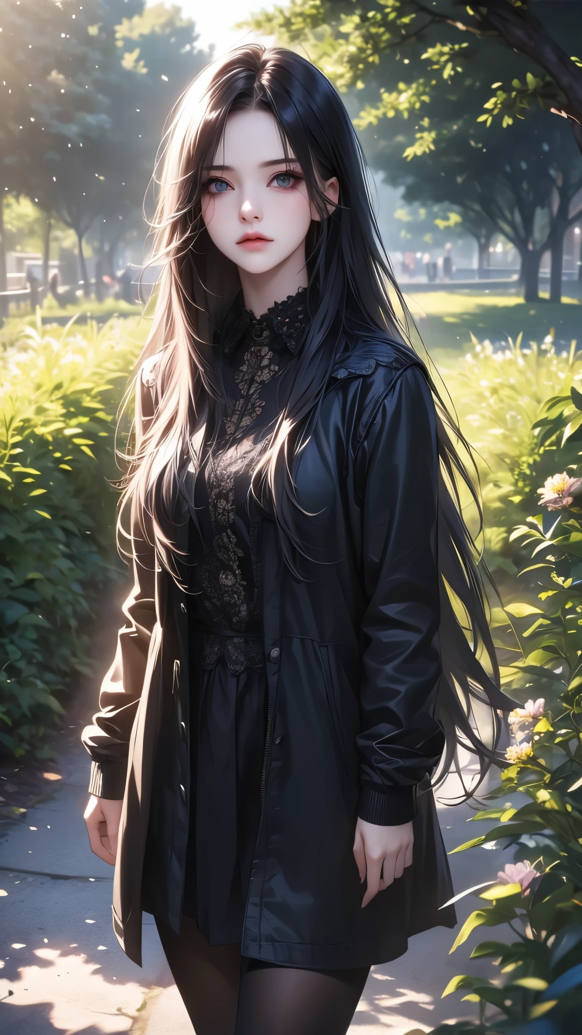 a cute emo girl, walking in a park, long hair, dark makeup, black clothes, holding a flower, detailed face, detailed eyes, beautiful detailed lips, lonely expression, emotional, moody, cloudy sky, lush greenery, warm sunlight, photorealistic, 8k, highly detailed, cinematic lighting, award winning digital art
