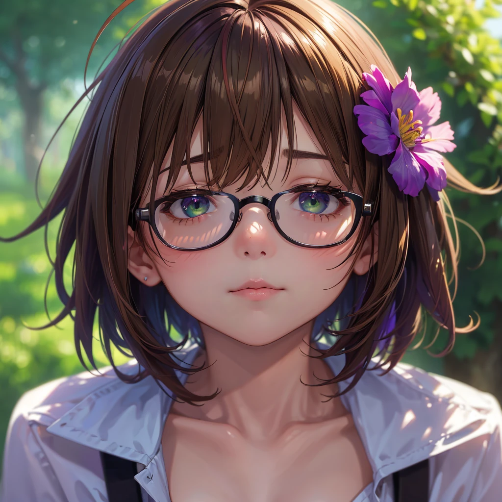 (8k, RAW Photo, Top Quality, Refined Details, Masterpiece: 1.2), (High Resolution 8k Wallpaper), Sharp Focus, Professional Lighting, Depth of Field, Cinematic Lighting, Background Blur,female,solo,(short hair,brown hair:1.3),(green streaked hair:1.35),purple eyes,(detailed eye:1.1),facial detail,hair detail, (ahoge:1.2),(glossy hair:1.3),(bangs bangs:1.2),(hair between eyes:1.1),(small breasts:1.2),hair_flower, (details of glasses:1.1),blue-framed_eyewear,