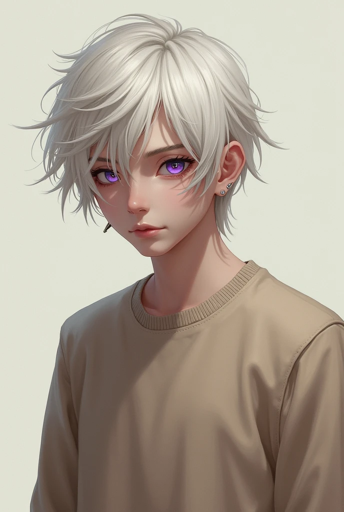 Asme a boy with somewhat long white hair (not much) purple eyes, Piercings in both ears (that does not look like a child) about with light brown sweatshirt (with more masculine features)