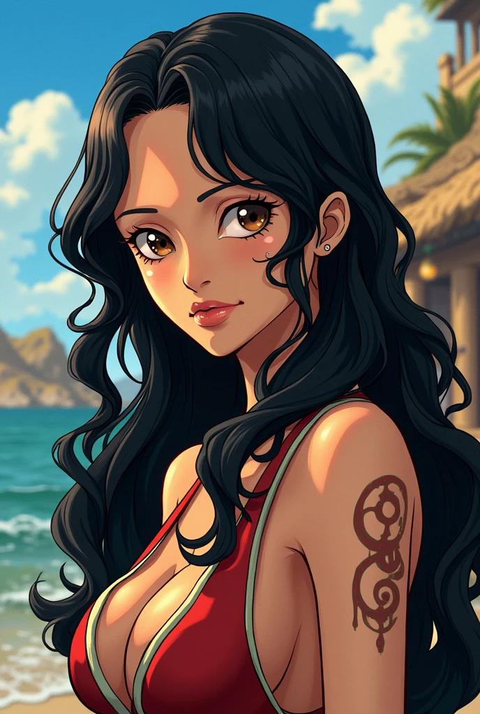Make a female character with wavy hair, long black hair color, slightly dark skin color and dark brown eye color., in the style of the One Piece series in drawing
