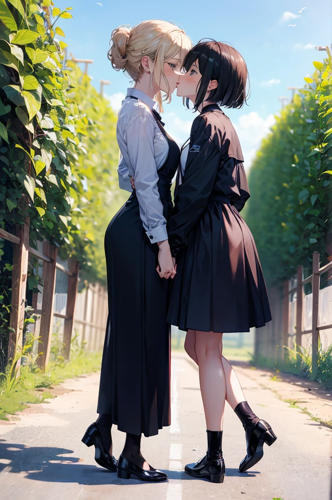 (masterpiece), 4K,{{{2 women}}}, Lesbian,shoes,,Random Hairstyles,kiss,((Lesbian kiss )),Shooting from afar,During farm work