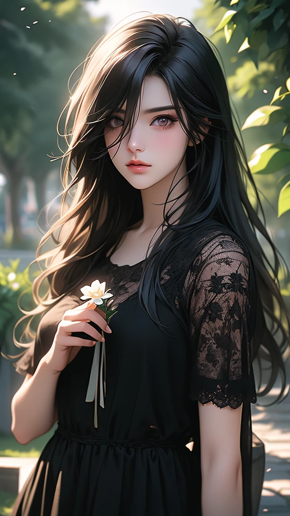 a cute emo girl, walking in a park, long hair, dark makeup, black clothes, holding a flower, detailed face, detailed eyes, beautiful detailed lips, lonely expression, emotional, moody, cloudy sky, lush greenery, warm sunlight, photorealistic, 8k, highly detailed, cinematic lighting, award winning digital art