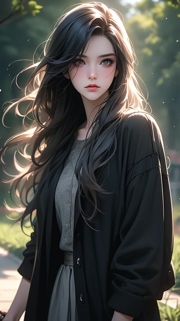a cute emo girl, walking in a park, long hair, dark makeup, black clothes, holding a flower, detailed face, detailed eyes, beautiful detailed lips, lonely expression, emotional, moody, cloudy sky, lush greenery, warm sunlight, photorealistic, 8k, highly detailed, cinematic lighting, award winning digital art
